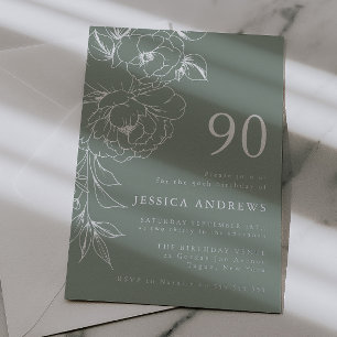 Invitation En Aluminium Sage & Silver Floral Line Art 90e anniversaire 