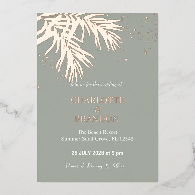 Invitation En Aluminium Sage Tropical Palm Feuille Mariage Gold (Recto)