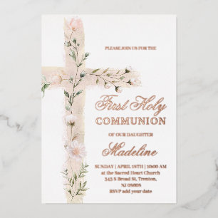 Invitation En Aluminium sainte croix florale Première sainte communion