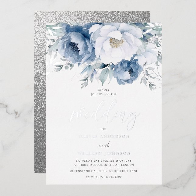 Invitation En Aluminium Saison d'hiver magique Dusty Blue Mariage Argent (Recto/Verso)