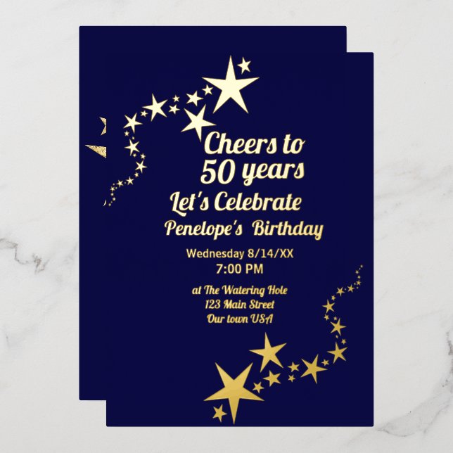 Invitation En Aluminium Salutations à 50 ans Marine et Gold Stars Annivers (Recto/Verso)