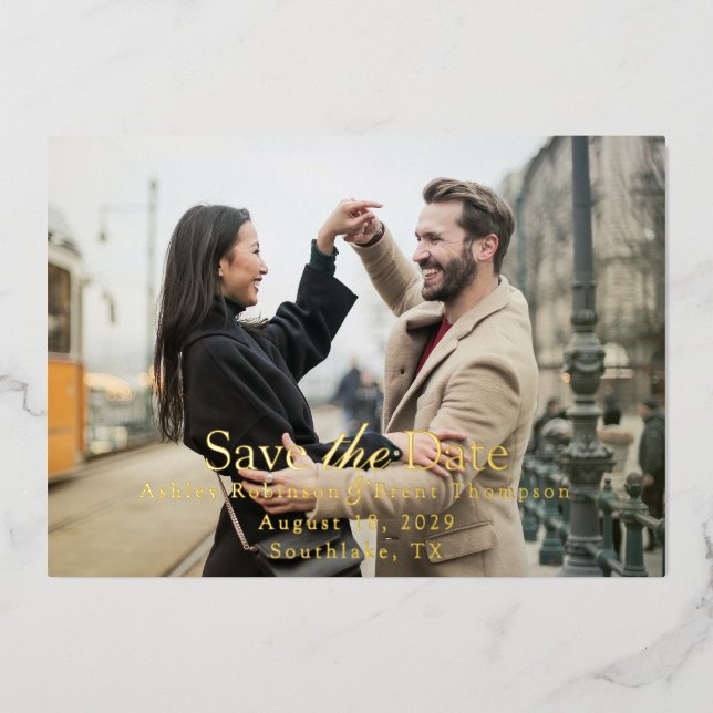 Invitation En Aluminium Sauvegarder la date avec photo de couple (Recto)