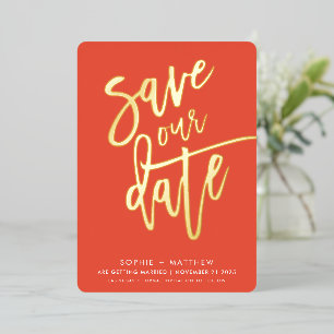 Invitation En Aluminium SAUVER LA DATE calligraphie moderne script orange
