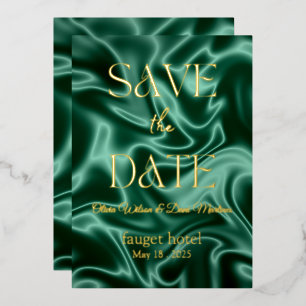 Invitation En Aluminium sauver la date fond en soie vert émeraude feuille