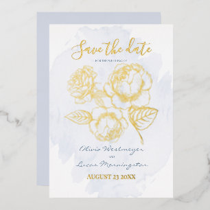 Invitation En Aluminium SAUVER LA DATE    Rose dorée sur fond bleu poussié