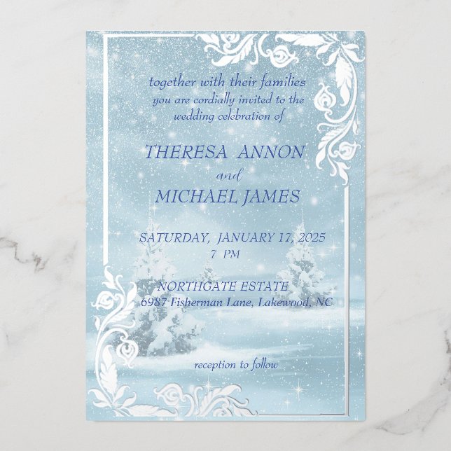 Invitation En Aluminium Scène d'hiver tout en bleu avec neige et pins (Recto)