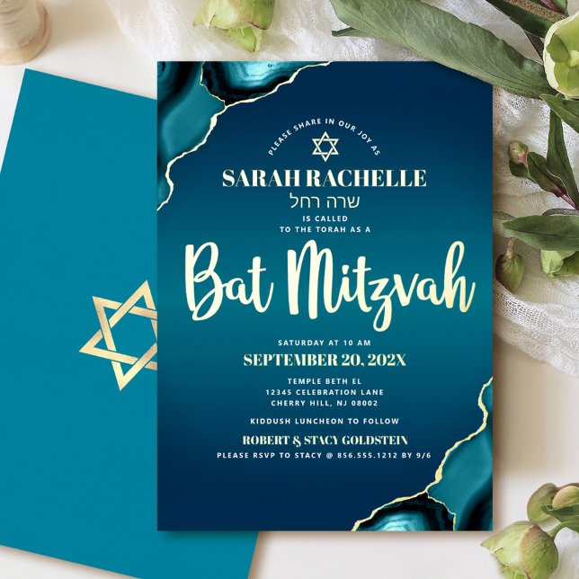 Invitation En Aluminium Script bat mitzvah Turquoise Ombre Agate Real Gold (Créateur téléchargé)