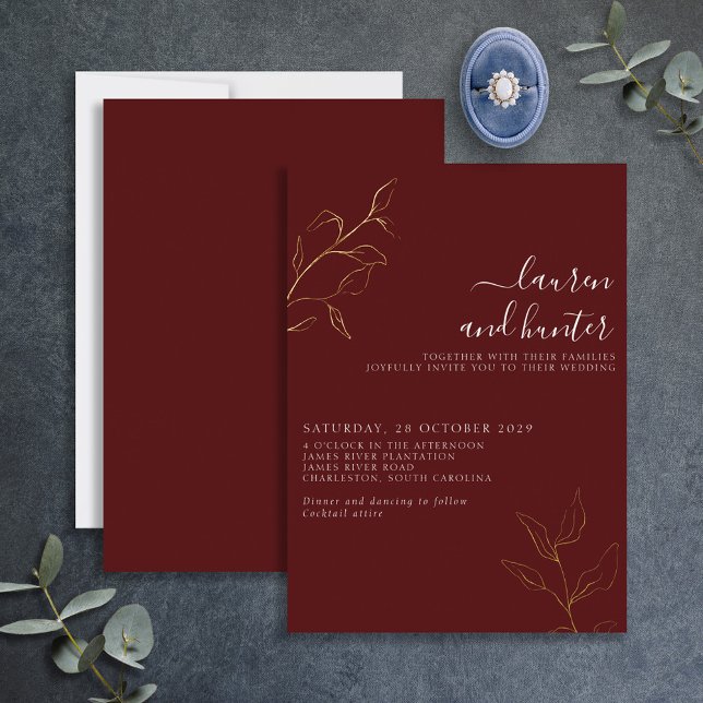 Invitation En Aluminium Script bourguignon moderne Mariage botanique Or (Créateur téléchargé)