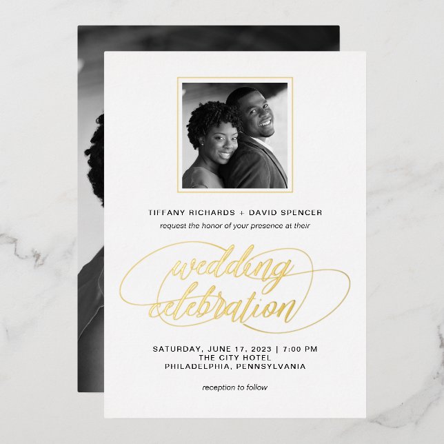 Invitation En Aluminium Script et photo | Or mariage (Recto/Verso)