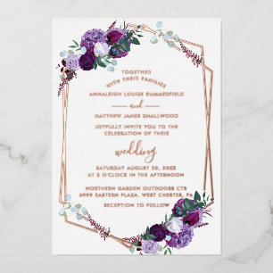 Invitation En Aluminium Script Floral violet Mariage géométrique Rose or
