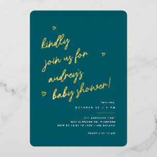Invitation En Aluminium Script Gold   Baby shower neutre Turquoise foncé