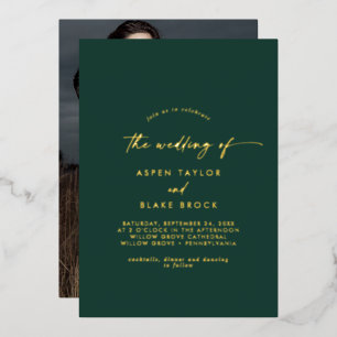 Invitation En Aluminium Script Gold Foil   Emerald Photo Mariage