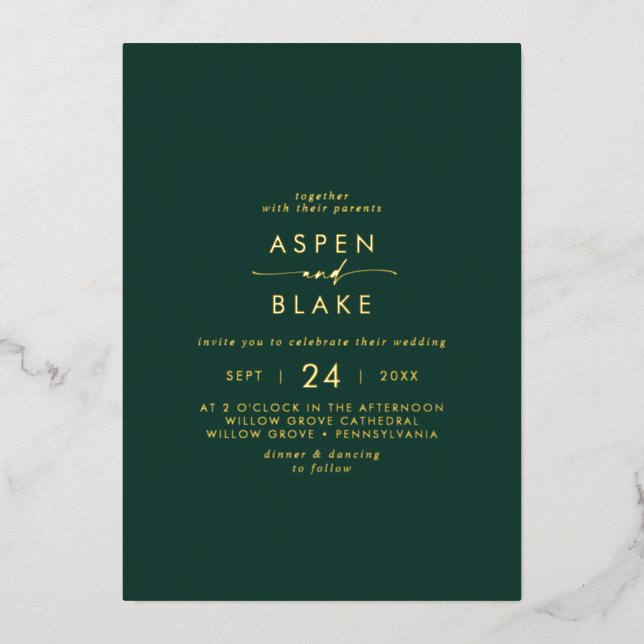 Invitation En Aluminium Script Gold Foil | Mariage Décontracté Emerald (Recto)