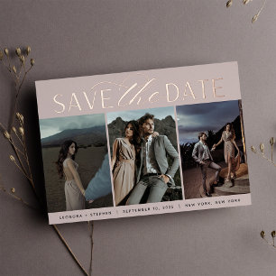 Invitation En Aluminium Script lisse Trois photos Enregistrer la date