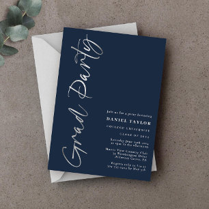 Invitation En Aluminium Script minimal moderne Blue Silver Graduation Part