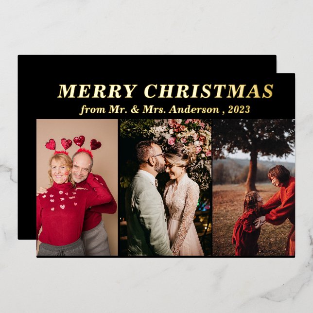 Invitation En Aluminium Script minimal trois photo noir Joyeux Noël (Recto/Verso)