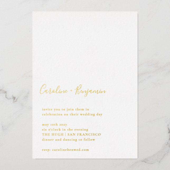 Invitation En Aluminium Script minimaliste Blanc moderne Mariage or (Recto)