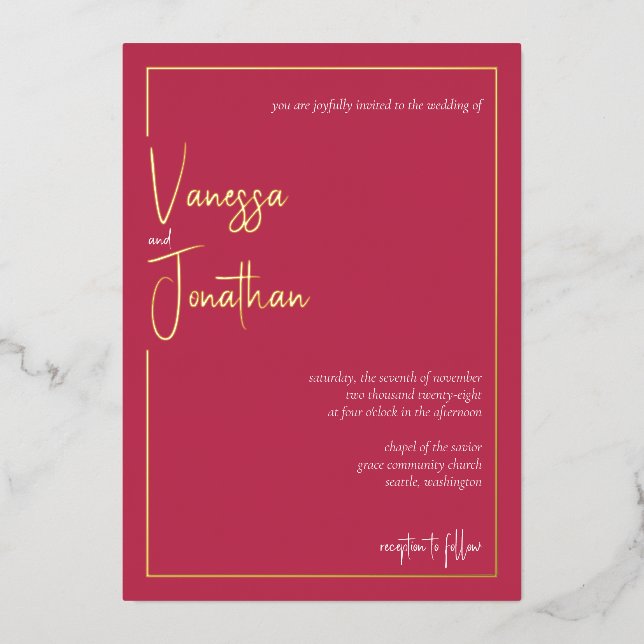 Invitation En Aluminium Script minimaliste moderne Magenta Gold (Recto)
