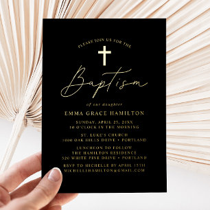 Invitation En Aluminium Script minimaliste moderne noir et or Baptême