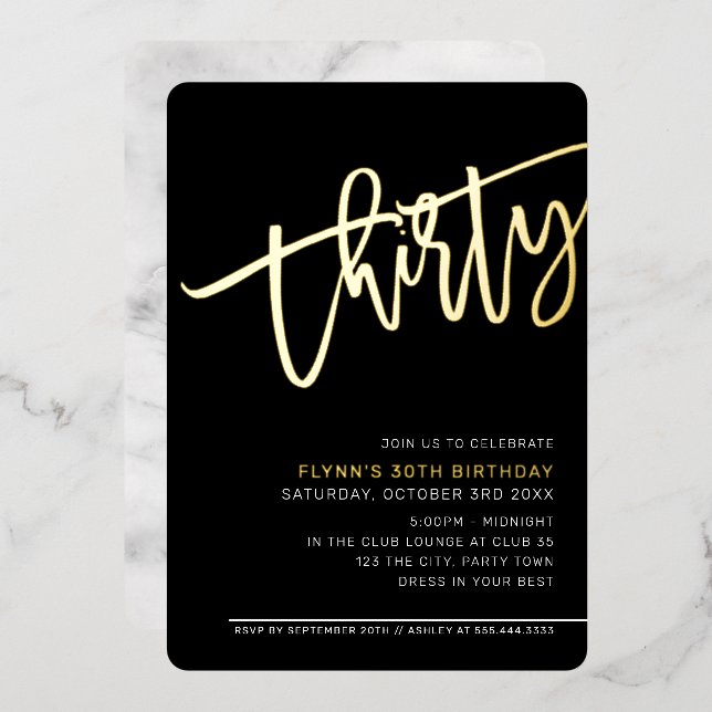 Invitation En Aluminium SCRIPT MODERNE 30e anniversaire fête noir blanc or (Recto/Verso)
