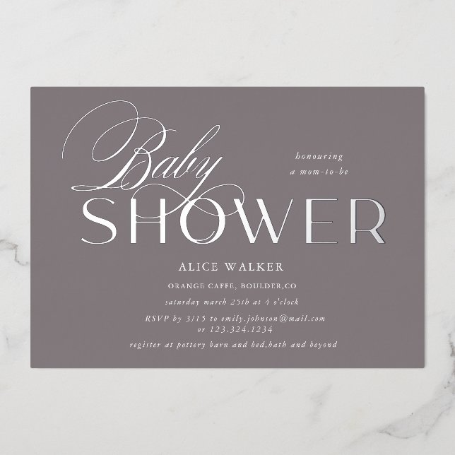 Invitation En Aluminium script moderne élégante baby shower feuille invita (Recto)