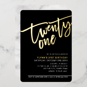 Invitation En Aluminium SCRIPT MODERNE Fête d'anniversaire 21 ans noir bla