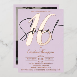 Invitation En Aluminium Script moderne lavande photo Sweet 16 or rose