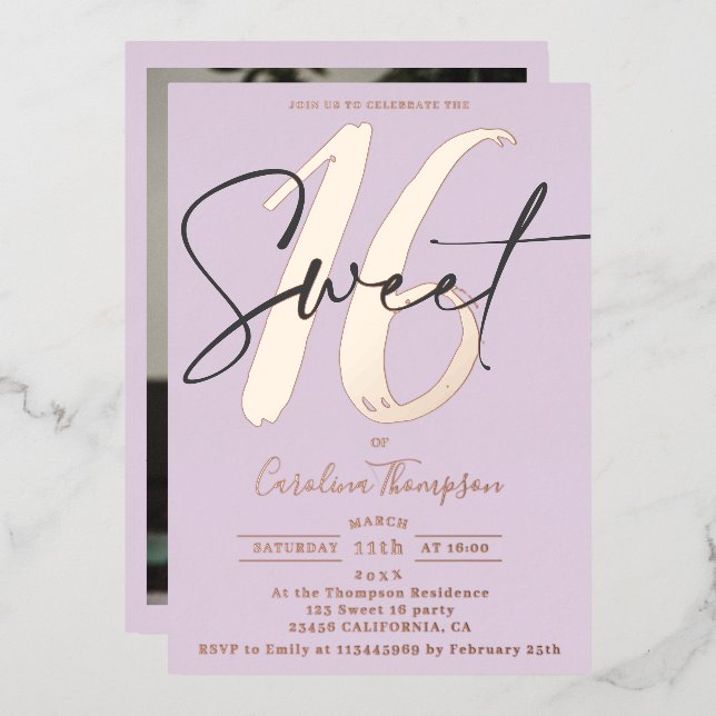 Invitation En Aluminium Script moderne lavande photo Sweet 16 or rose (Recto/Verso)