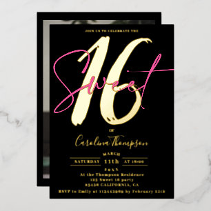 Invitation En Aluminium Script moderne neon rose photo Sweet 16 or