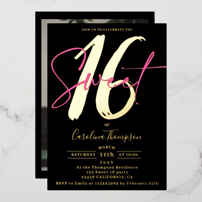 Invitation En Aluminium Script moderne neon rose photo Sweet 16 or (Recto/Verso)