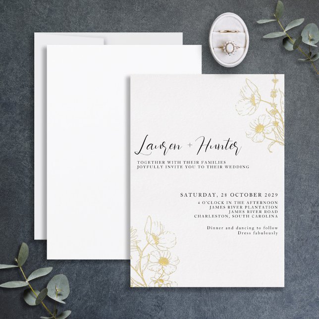 Invitation En Aluminium Script moderne Noir Blanc Floral Mariage Or (Créateur téléchargé)