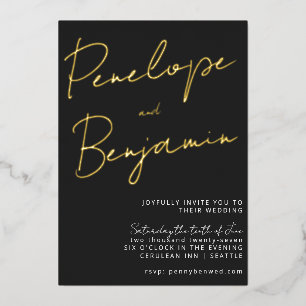 Invitation En Aluminium Script moderne Noir Blanc Or élégant Mariage