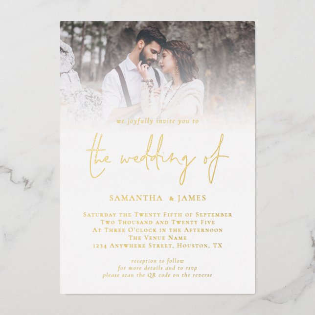 Invitation En Aluminium Script moderne QR Code Photo Mariage Luxe Or (Recto)