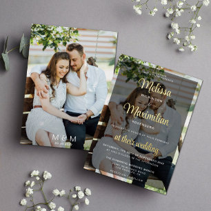 Invitation En Aluminium Script or moderne 2 photos mariage noir superposit
