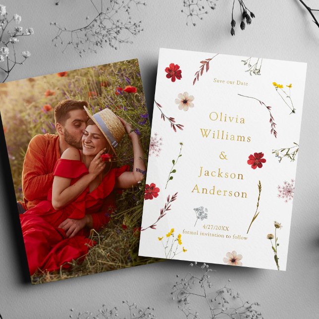 Invitation En Aluminium Script Photo Fleur sauvage Romantique Enregistrer  (Créateur téléchargé)