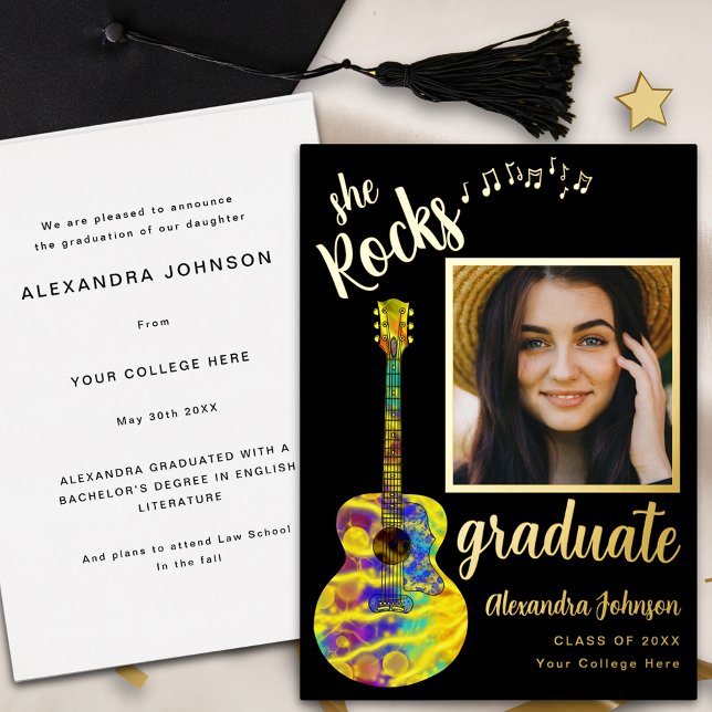 Invitation En Aluminium Script photo moderne amusant Gradué noir et or (Fun colorful guitar music modern graduate photo black and gold script graduation announcement card)