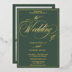 Invitation En Aluminium Script photo vert bordure mariage or
