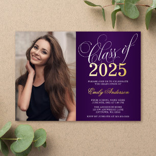 Invitation En Aluminium Script Purple 2025 Photo Graduation Party Gold