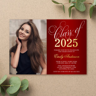 Invitation En Aluminium Script Red 2025 Photo Graduation Party Gold