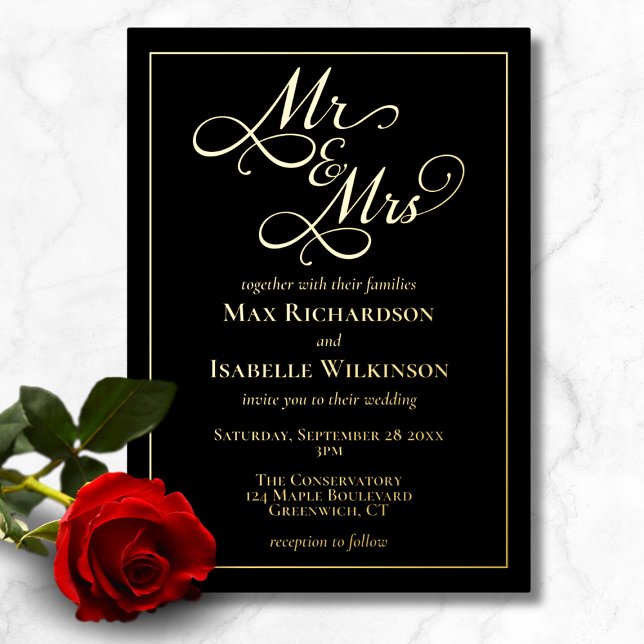 Invitation En Aluminium Script romantique Calligraphie Mariage Or (Elegant black minimalist gold foil wedding invitation, Mr and Mrs, script calligraphy typography)