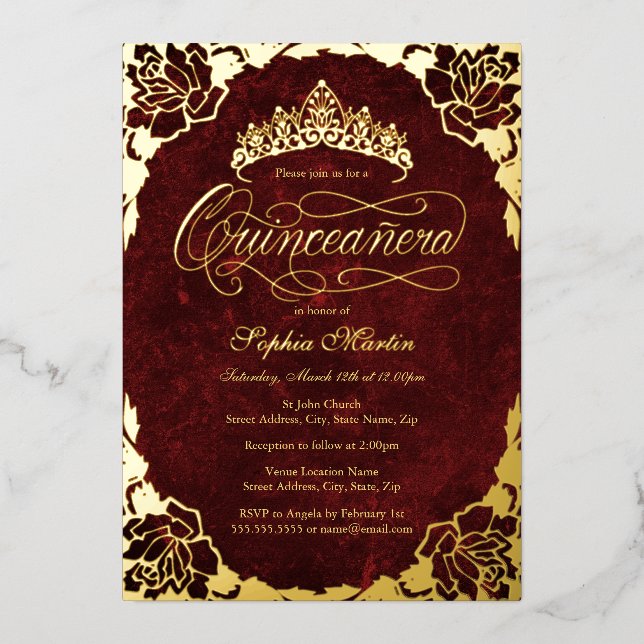 Invitation En Aluminium Script Rose élégant Royal Red Gold Quinceanera (Recto)
