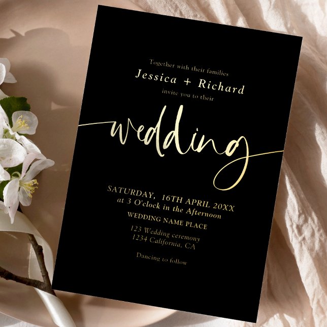 Invitation En Aluminium Script simple or moderne élégant mariage (Modern elegant simple gold wedding script foil invitation)