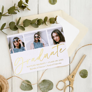 Invitation En Aluminium Script tendance Minimaliste 3 Photo Graduation Rea