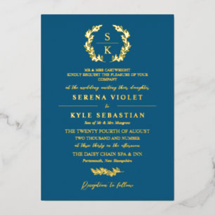 Invitation En Aluminium Sea Blue Gold Typographie Wreath Monogramme Mariag