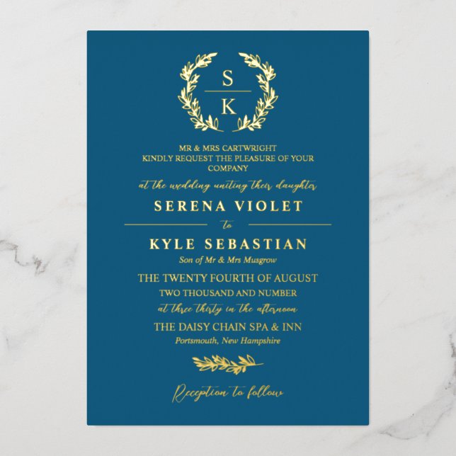 Invitation En Aluminium Sea Blue Gold Typographie Wreath Monogramme Mariag (Recto)