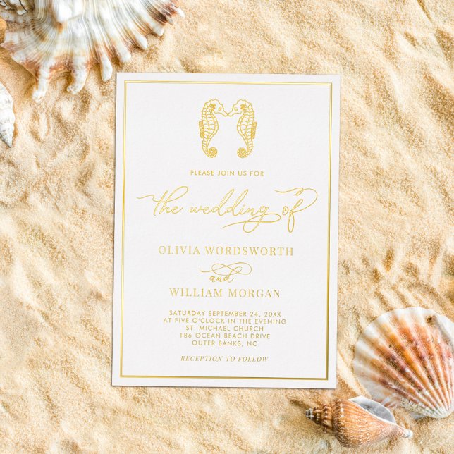 Invitation En Aluminium Seahorse Coastal Beach Élégant Mariage Script (Créateur téléchargé)