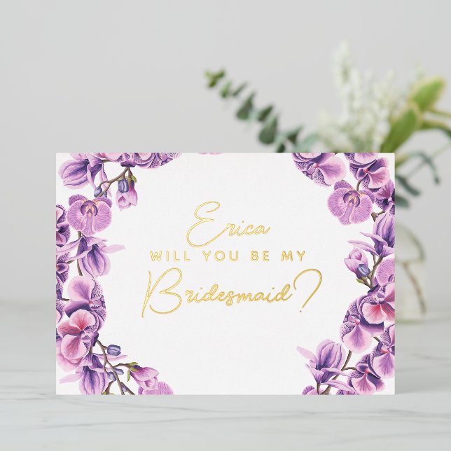 Invitation En Aluminium Seras-tu ma demoiselle d'honneur ? orchidée violet (Debout devant)