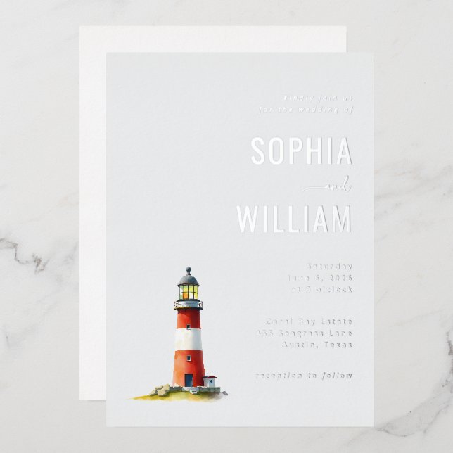 Invitation En Aluminium Serene Gray Lighthouse Nautical (Recto/Verso)