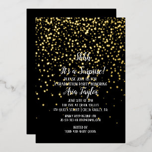Invitation En Aluminium Shh Surprise Confetti sur Black Graduation Gold