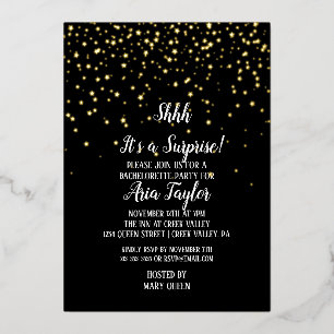 Invitation En Aluminium Shhh C'est un Confetti surprise sur Black Party Go